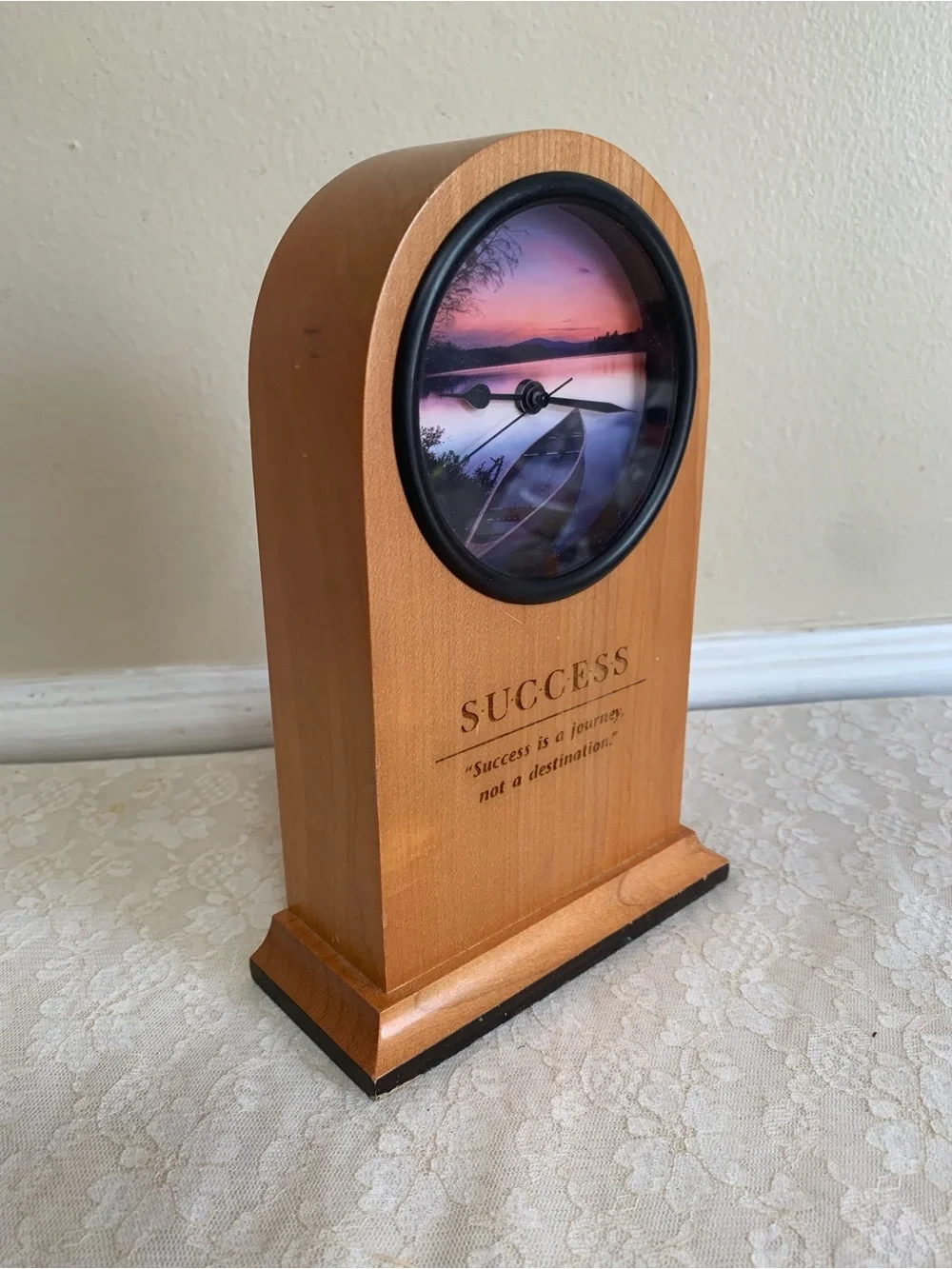 SUCCESS Wooden Desk Clock with Purple Scenic Face